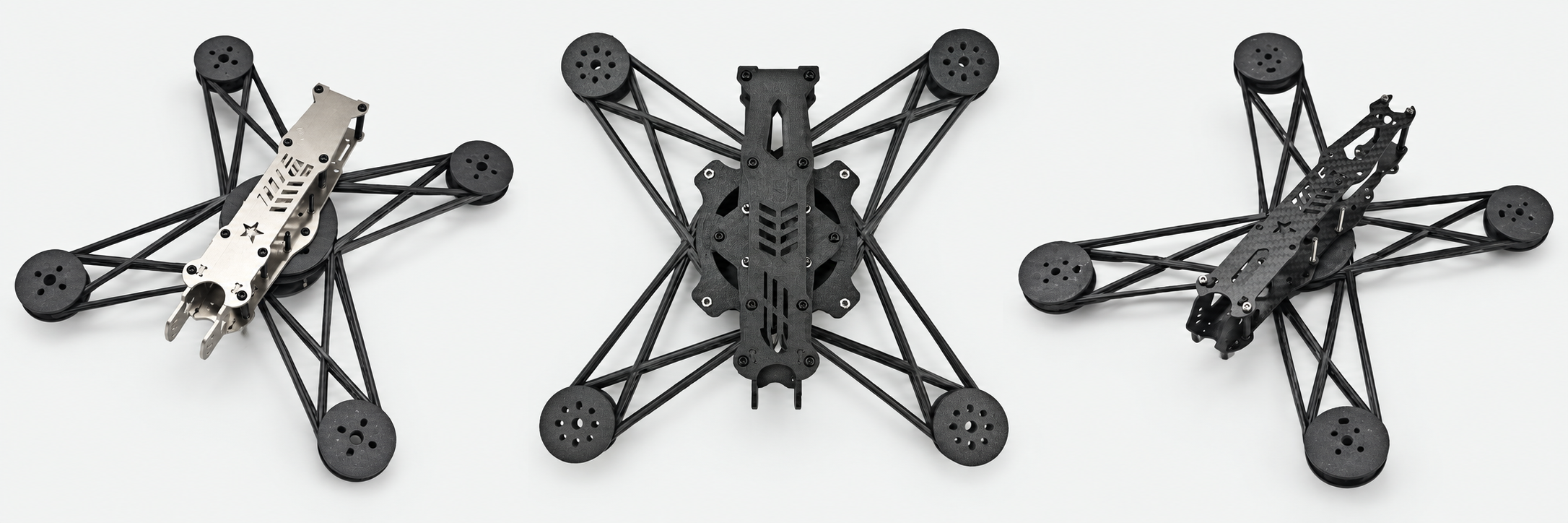 CarbonForm finished airframe configurations with metal, printed-composite and cut-carbon-fiber central chassis.